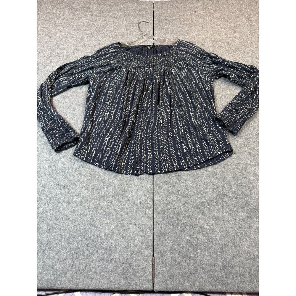 Lucky Brand Blouse Top Women Medium Black Beige Geometric Smocked Front Pullover